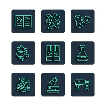 Set line Bacteria, Microscope, Transfer liquid gun, Cell division, Medical Illustrazione stock