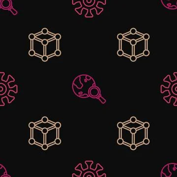 Set line Bacteria, Molecule and Magnifying glass with globe on seamless pattern Stock Illustration