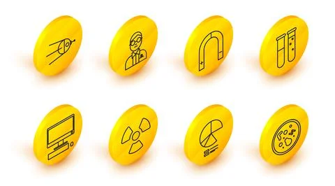 Set line Bacteria, Pie chart infographic, Radioactive, Computer monitor with Stock Illustration