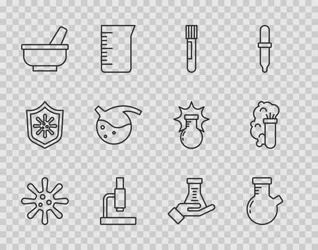 Set line Bacteria, Test tube and flask, Microscope, Mortar pestle, and Chemical イラスト素材