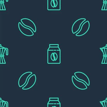 Set line Bag of coffee beans, Coffee and moca pot on seamless pattern. Vector 库存插图
