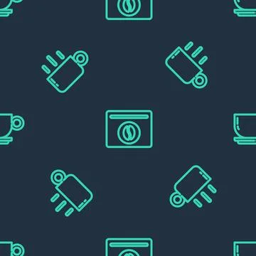 Set line Bag of coffee beans, Coffee cup and on seamless pattern. Vector Stock Illustration