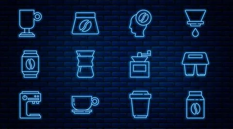 Set line Bag of coffee beans, Coffee cup to go, Barista, Pour over maker, Irish Ilustração Stock