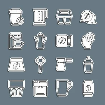 Set line Bag of coffee beans, Coffee cup to go, Barista, Teapot, machine, and Illustration