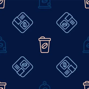 Set line Bag of coffee beans, and Coffee cup to go on seamless pattern. Vector Stock Illustration