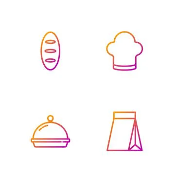 Set line Bag of coffee beans, Covered with tray food, Bread loaf and Chef hat Stock Illustration