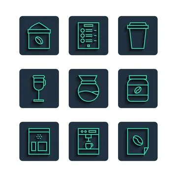 Set line Bag of coffee beans, Coffee machine, poster, cup to go, Pour over ma Ilustración de archivo
