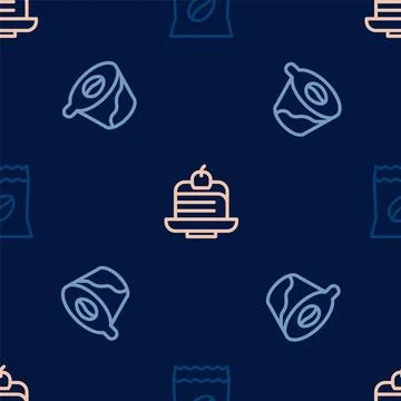 Set line Bag of coffee beans, Pour over maker and Piece cake on seamless pattern イラスト素材