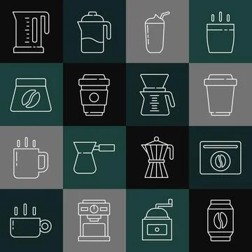 Set line Bag of coffee beans, Coffee cup to go, Milkshake, Electric kettle and Ilustración de archivo