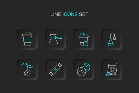 Set line Bag of coffee beans, Cookie or biscuit, Sugar stick packets, Coffe.. Stock Illustration
