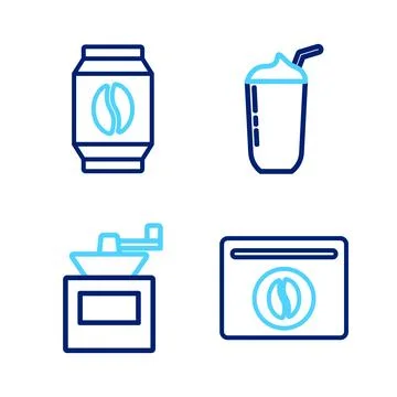 Set line Bag of coffee beans, Manual grinder, Milkshake and  icon. Vector Stock Illustration