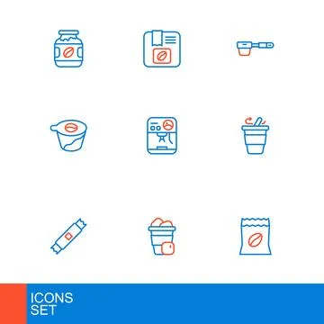 Set line Bag of coffee beans Iced Sugar stick packets Coffee cup to go Pour o Illustration