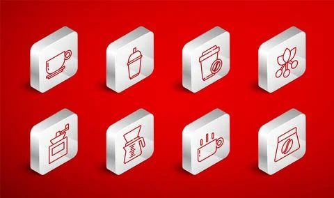 Set line Bag of coffee beans, Coffee cup to go, bean, branch, Pour over mak.. Ilustración de archivo