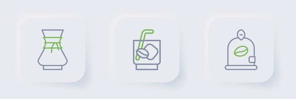 Set line Bag of coffee beans, Espresso tonic and Pour over maker icon. Vector Ilustração Stock