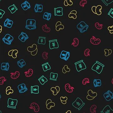 Set line Bag of flour, , Beans and Seed on seamless pattern. Vector Stock Illustration