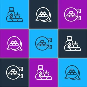 Set line Bag of gold bars, Jewelry store and Gold icon. Vector Stock Illustration