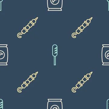 Set line Bag or packet potato chips, Grilled shish kebab and Fried sausage on Stock Illustration
