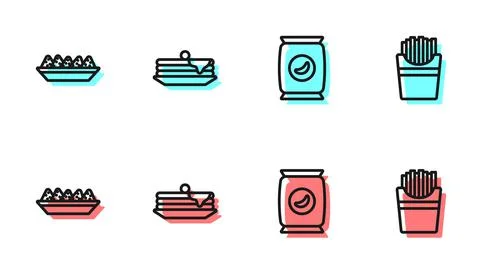 Set line Bag or packet potato chips, Nachos in plate, Stack of pancakes and Stock Illustration