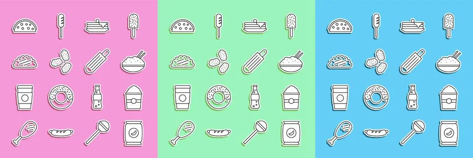 Set line Bag or packet potato chips, Popcorn in box, Rice bowl with chopsti.. Stock Illustration