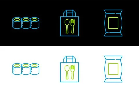Set line Bag or packet potato chips, Sushi and Online ordering and delivery.. Stock Illustration