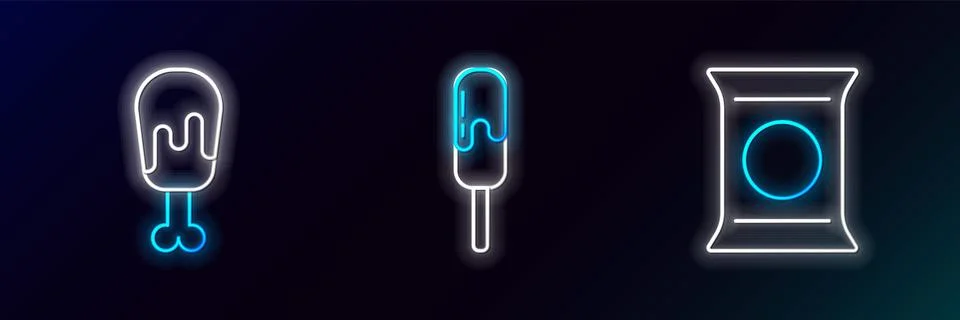 Set line Bag or packet potato chips, Chicken leg and Ice cream icon. Glowin.. Stock Illustration