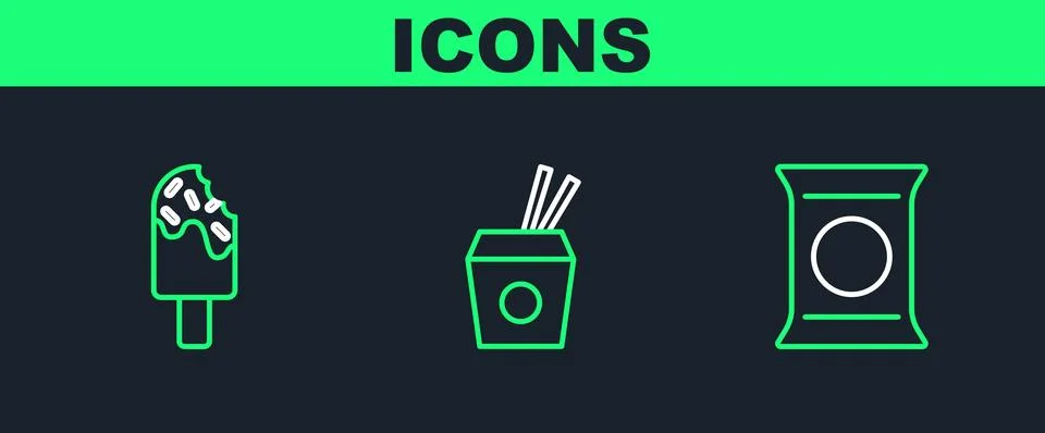 Set line Bag or packet potato chips, Ice cream and Asian noodles and chopst.. Stock Illustration