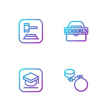 Set line Ball on chain, Graduation cap, Judge gavel and Censored stamp. Gradient Stock Illustration