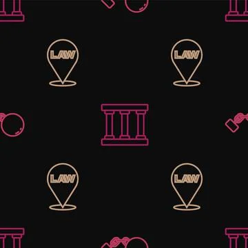 Set line Ball on chain, Location law and Prison window on seamless pattern Stock Illustration