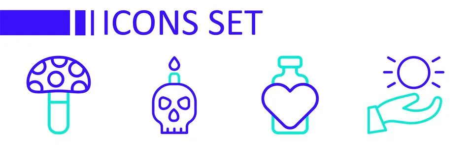 Set line Ball levitating above hand, Bottle with love potion, Burning candl.. Stock Illustration