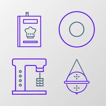 Set line Ball tea strainer, Electric mixer, Plate and Cookbook icon. Vector Stock Illustration