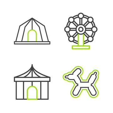 Set line Balloon dog, Circus tent, Ferris wheel and icon. Vector Illustrazione stock