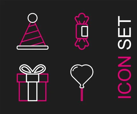 Set line Balloon in form of heart, Gift box, Candy and Party hat icon. Vector イラスト素材