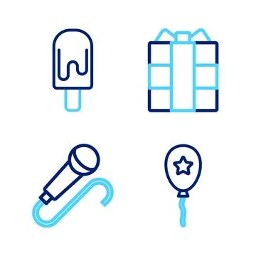 Set line Balloon with ribbon, Microphone, Gift box and Ice cream icon. Vector イラスト素材