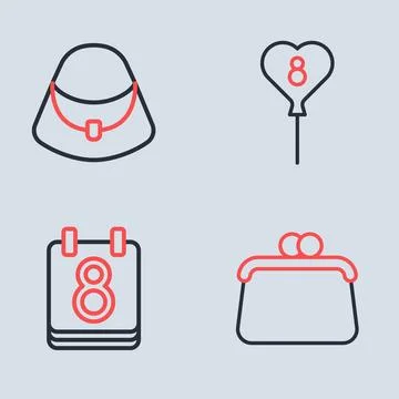 Set line Balloons with 8 March, Calendar, Handbag and  icon. Vector Illustration