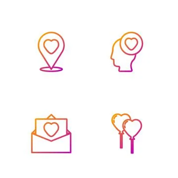 Set line Balloons in form of heart, Envelope with Valentine, Location and Head 스톡 일러스트