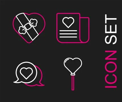 Set line Balloons in form of heart, Heart speech bubble, Envelope with Vale.. Stock Illustration