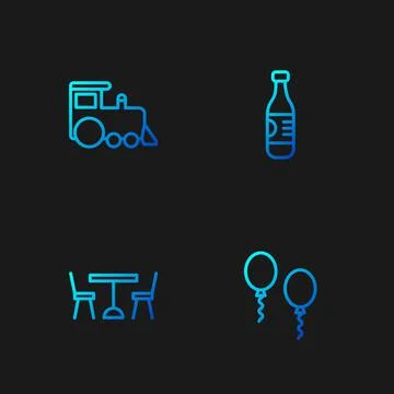 Set line Balloons, Picnic table with chairs, Toy train and Bottle of water Illustrazione stock