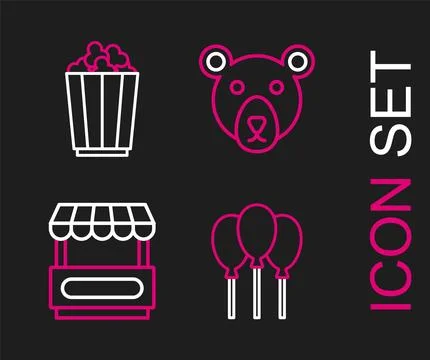 Set line Balloons with ribbon, Fast street food cart, Bear head and Popcorn.. Stock Illustration