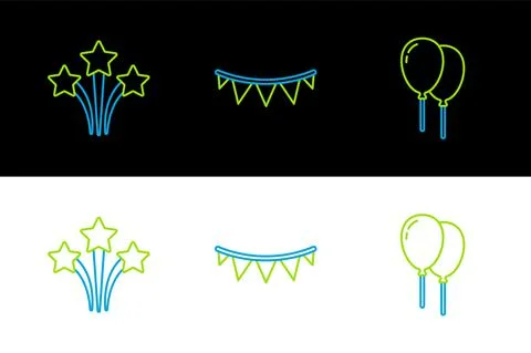 Set line Balloons with ribbon, Firework and Carnival garland flags icon. Vector Illustrazione stock