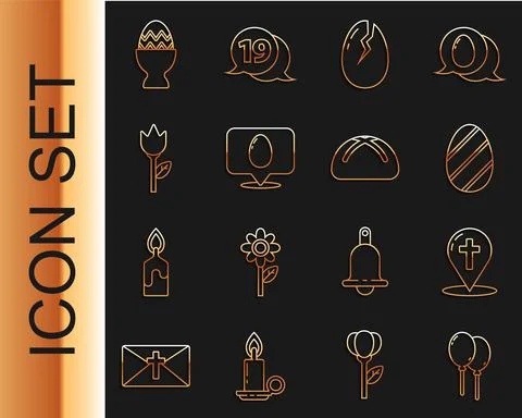 Set line Balloons with ribbon, Map pointer christian cross, Easter egg, Broken Stock Illustration