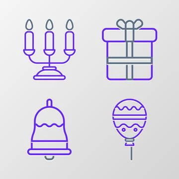 Set line Balloons with ribbon, Ringing bell, Gift box and Candelabrum Stock Illustration