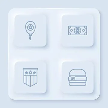 Set line Balloons, Stacks paper money cash, American flag and Burger. White Illustrazione stock