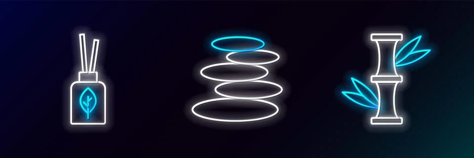 Set line Bamboo, Aroma diffuser and Stack hot stones icon. Glowing neon. Vect Stock Illustration
