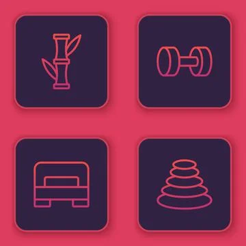 Set line Bamboo, Big bed, Dumbbell and Stack hot stones. Blue square button Illustrazione stock