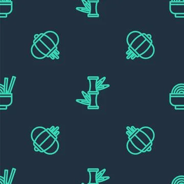 Set line Bamboo, Korean lantern and Asian noodles in bowl on seamless pattern Stock Illustration