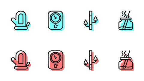 Set line Bamboo, Sauna mitten, thermometer and Aroma diffuser icon. Vector Stock Illustration