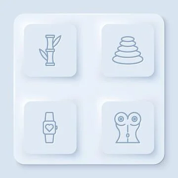Set line Bamboo, Stack hot stones, Smart watch and Women waist. White square Stock Illustration