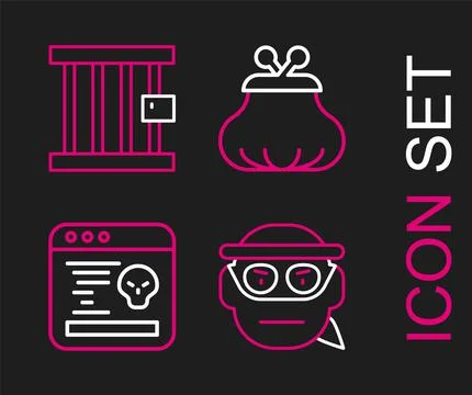 Set line Bandit, System bug, Wallet and Prison window icon. Vector Stock Illustration