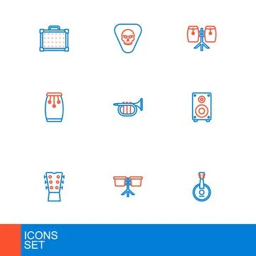 Set line Banjo, Bongo drum, Guitar neck, Stereo speaker, Conga drums, Trump.. Illustrazione stock
