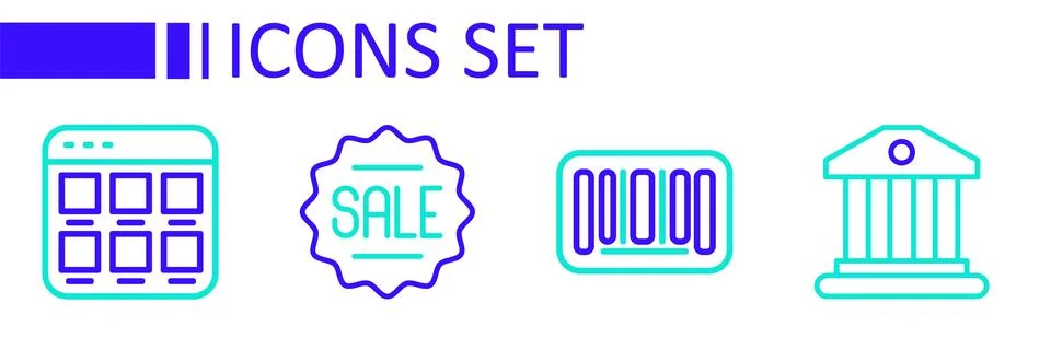 Set line Bank building, Barcode, Price tag with Sale and Online shopping on.. Ilustración de archivo
